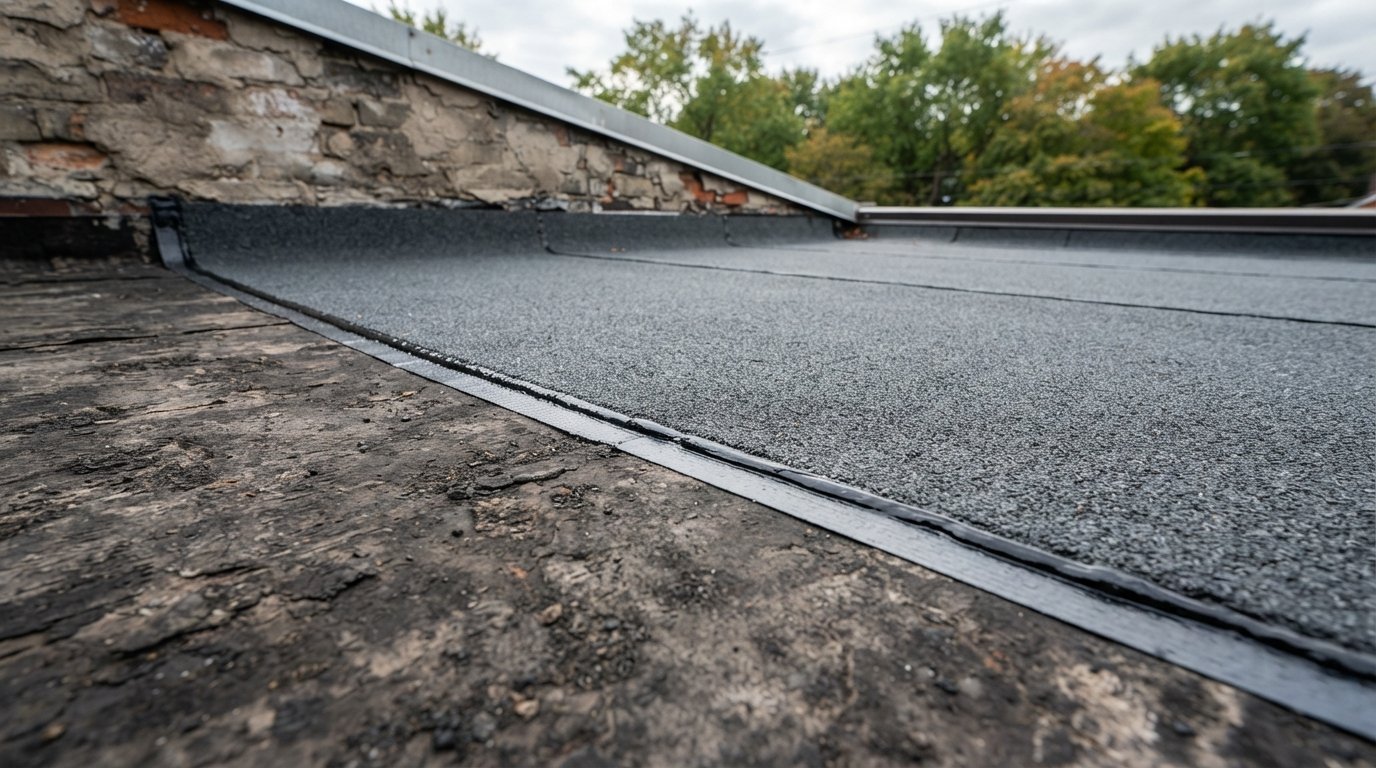 Close-up of a townhouse roof tie-in where new membrane laps onto older roofing at the property line