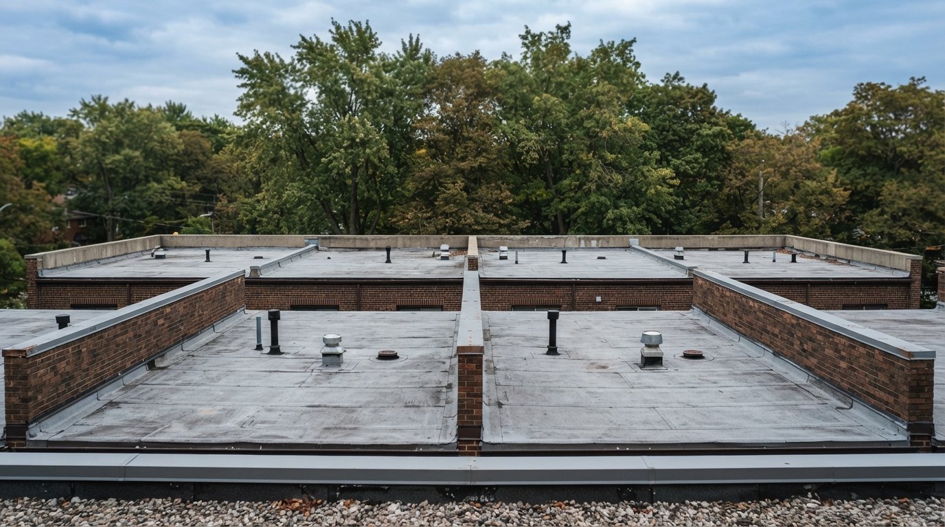 Continuous flat townhouse roof running across several row house units with low brick party walls between them