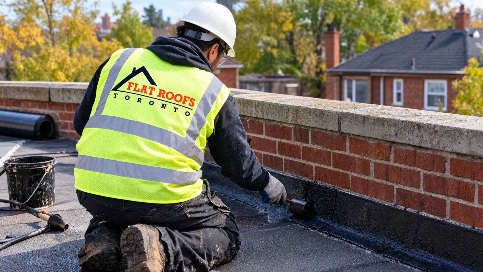 Roofer installing base flashing against a brick party wall on a shared townhouse roof in early autumn