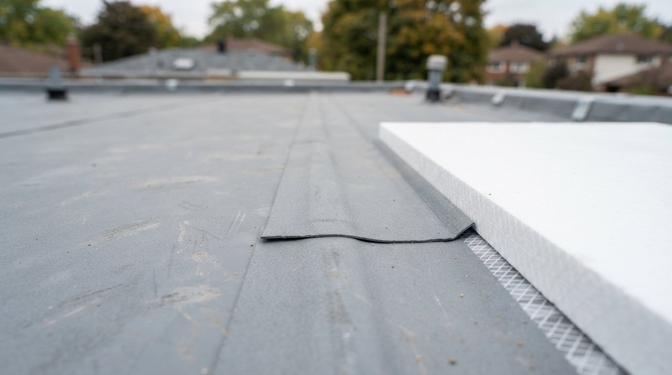 Close-up of a sealed roof vapour barrier lap on a flat roof deck beside rigid insulation boards