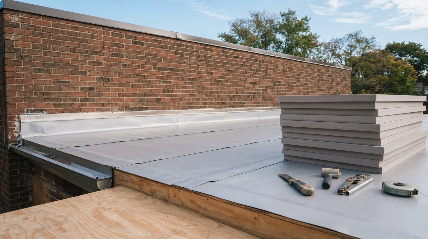 Self-adhered roof vapour barrier sheet installed across a flat roof deck before insulation is laid