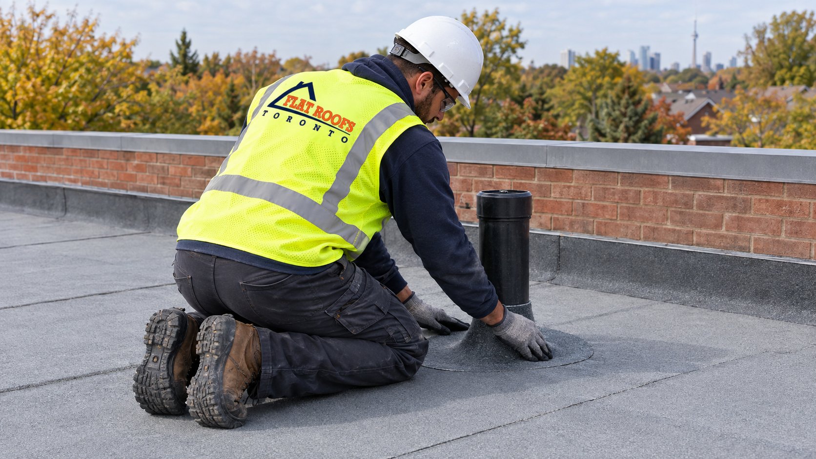Roofer sealing a roof vapour barrier lap around a plumbing vent on a flat roof deck