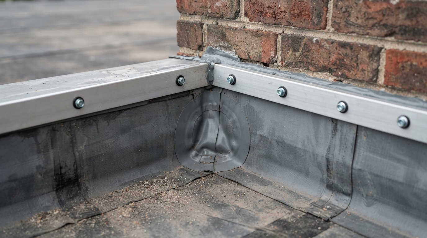 Close-up of membrane sealed at a wall corner over a corner wedge with a metal termination bar