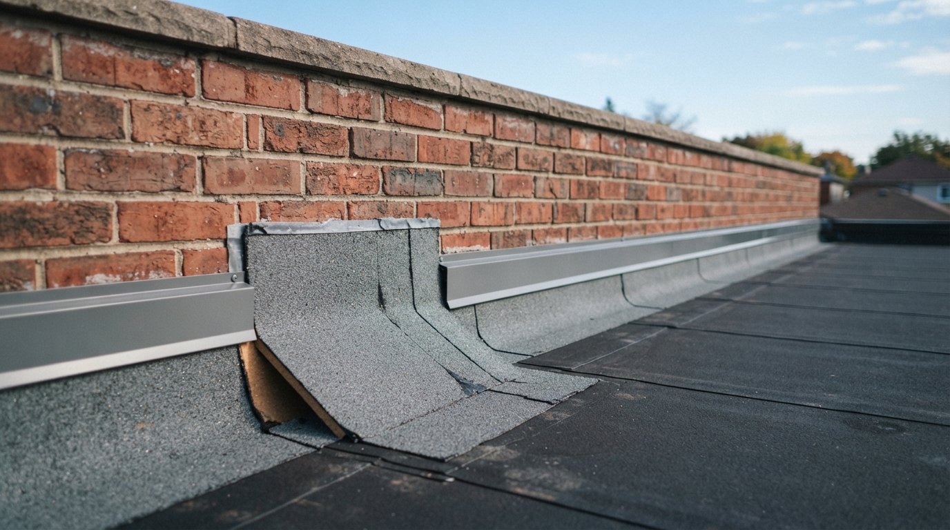 Roof membrane turning up a brick parapet wall with clean base flashing and a shaped corner wedge