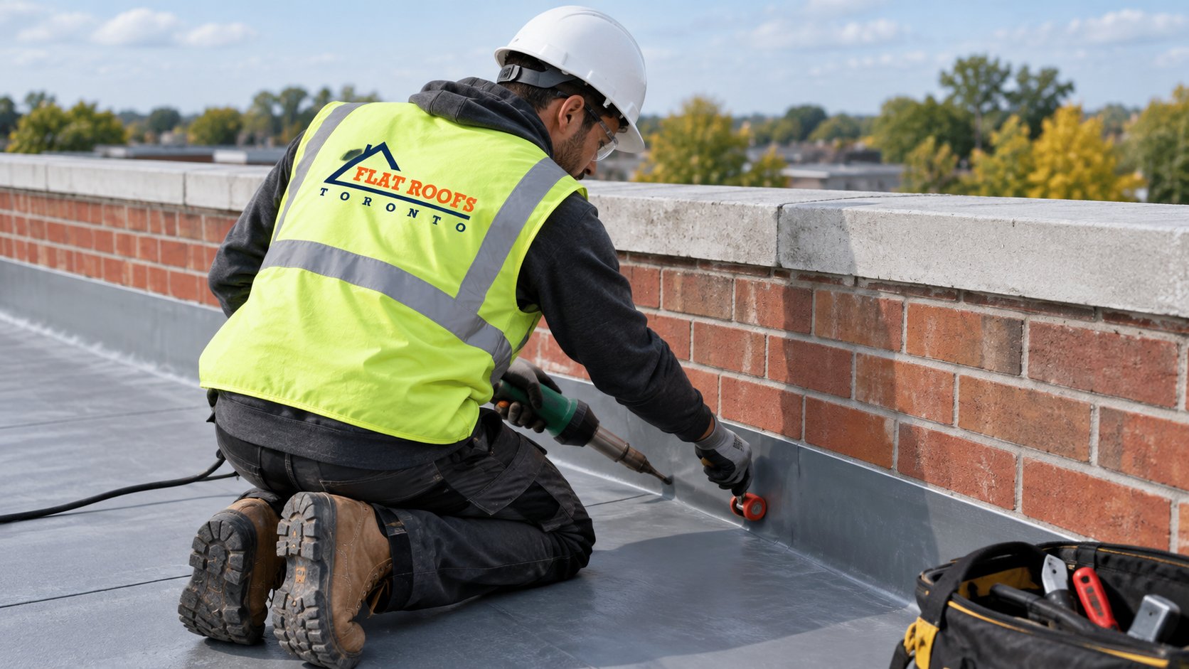 Roofer in hard hat and hi-vis vest heat welding base flashing along a parapet wall on a flat roof
