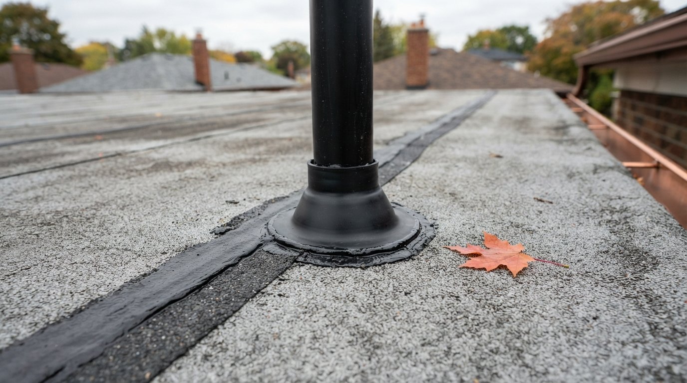 Close-up of a resealed seam and vent boot after autumn flat roof maintenance on a modified bitumen roof