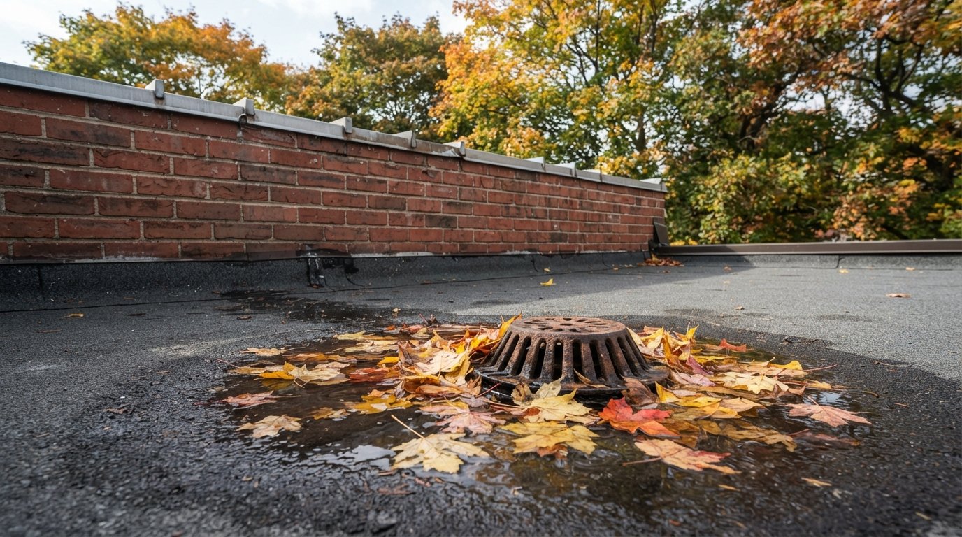 Flat roof drain clogged with fallen leaves before autumn flat roof maintenance on a Toronto-area house