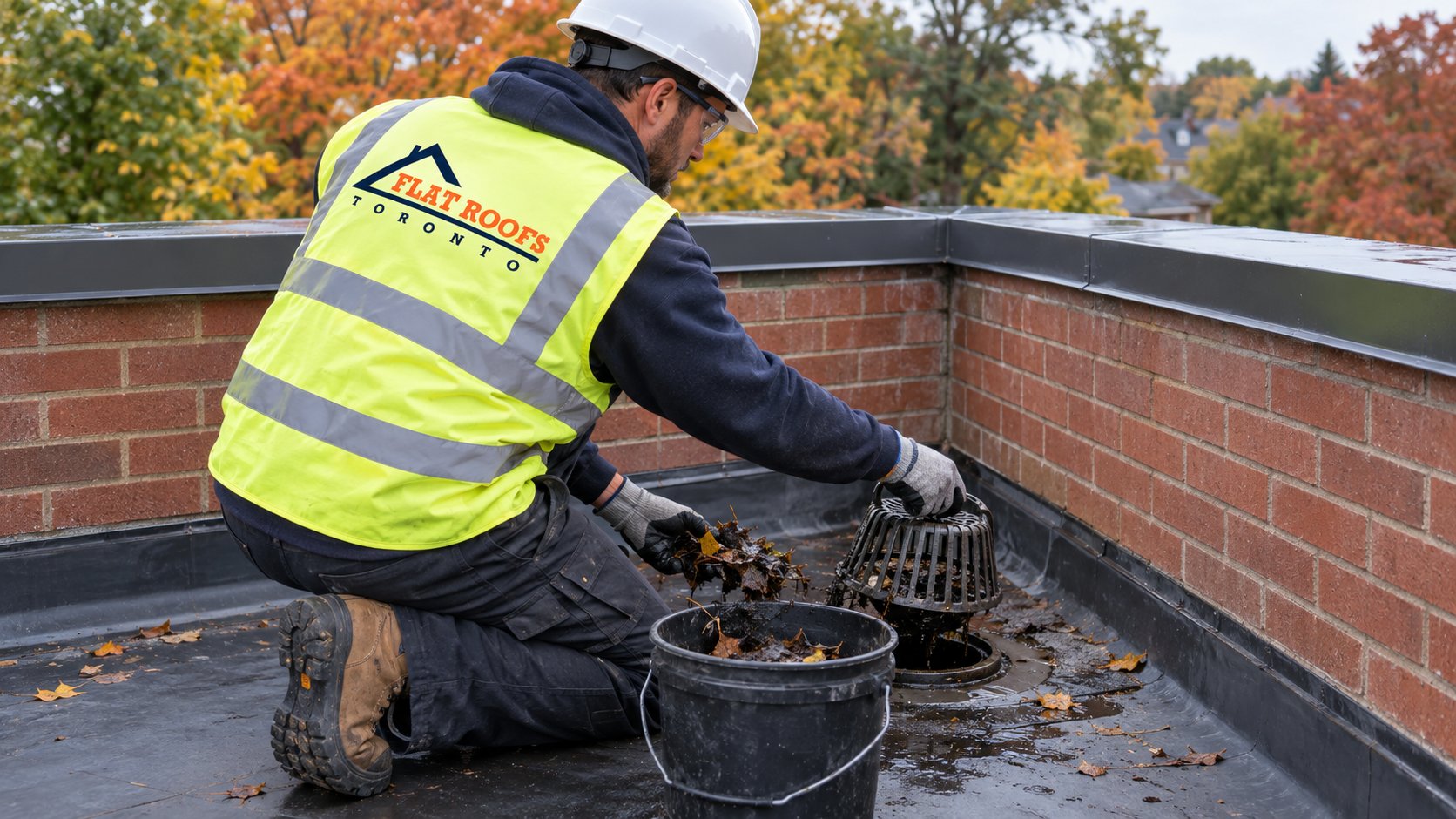 Roofer clearing leaves from a roof drain strainer during autumn flat roof maintenance inside a parapet
