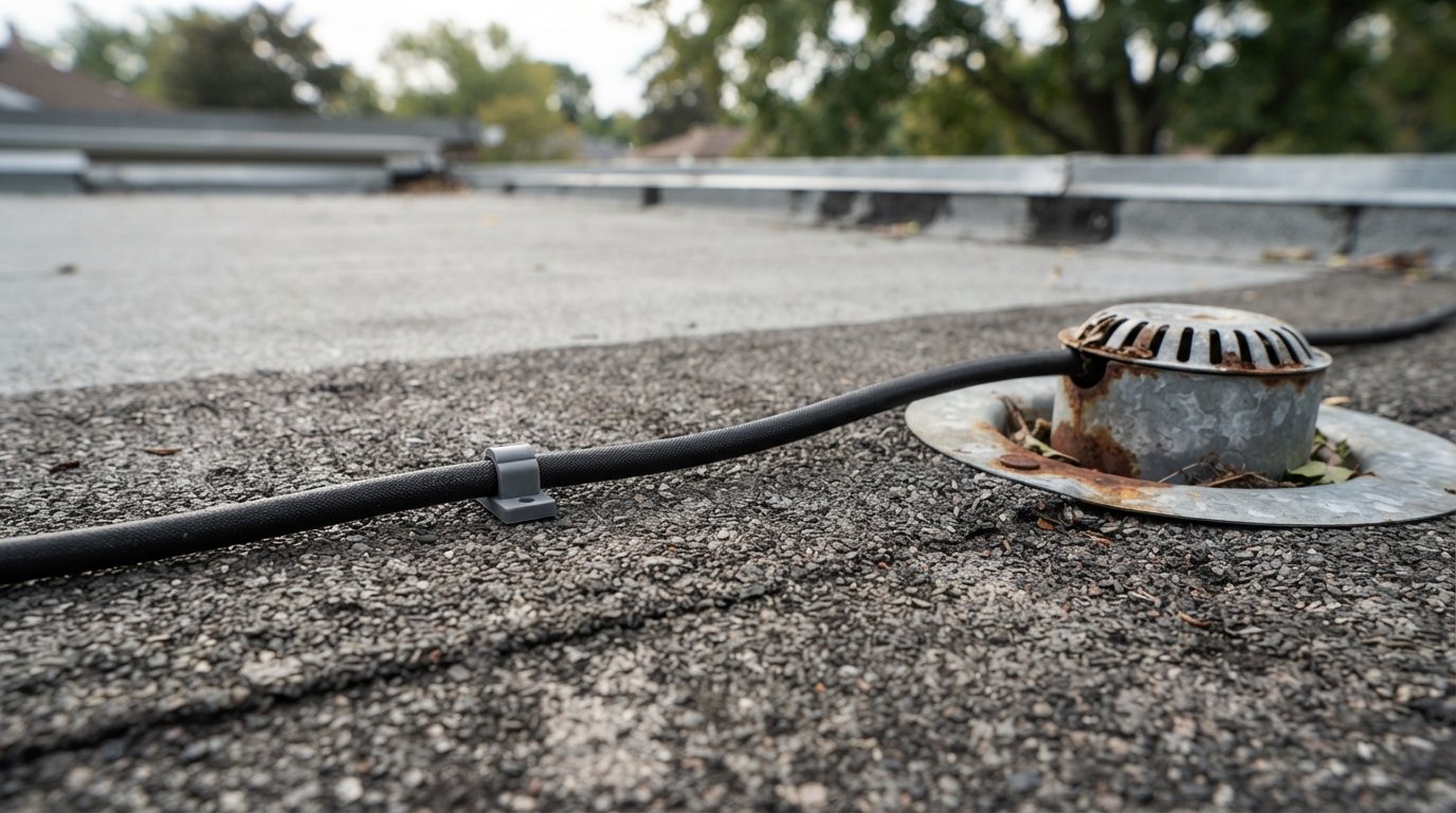 Close-up of a self-regulating roof drain heat trace cable held by a clip beside a flat roof drain strainer