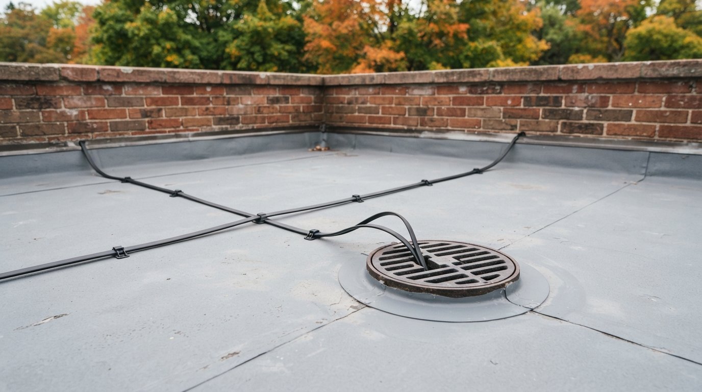 Flat roof drain fitted with a roof drain heat trace cable looping neatly into the drain body