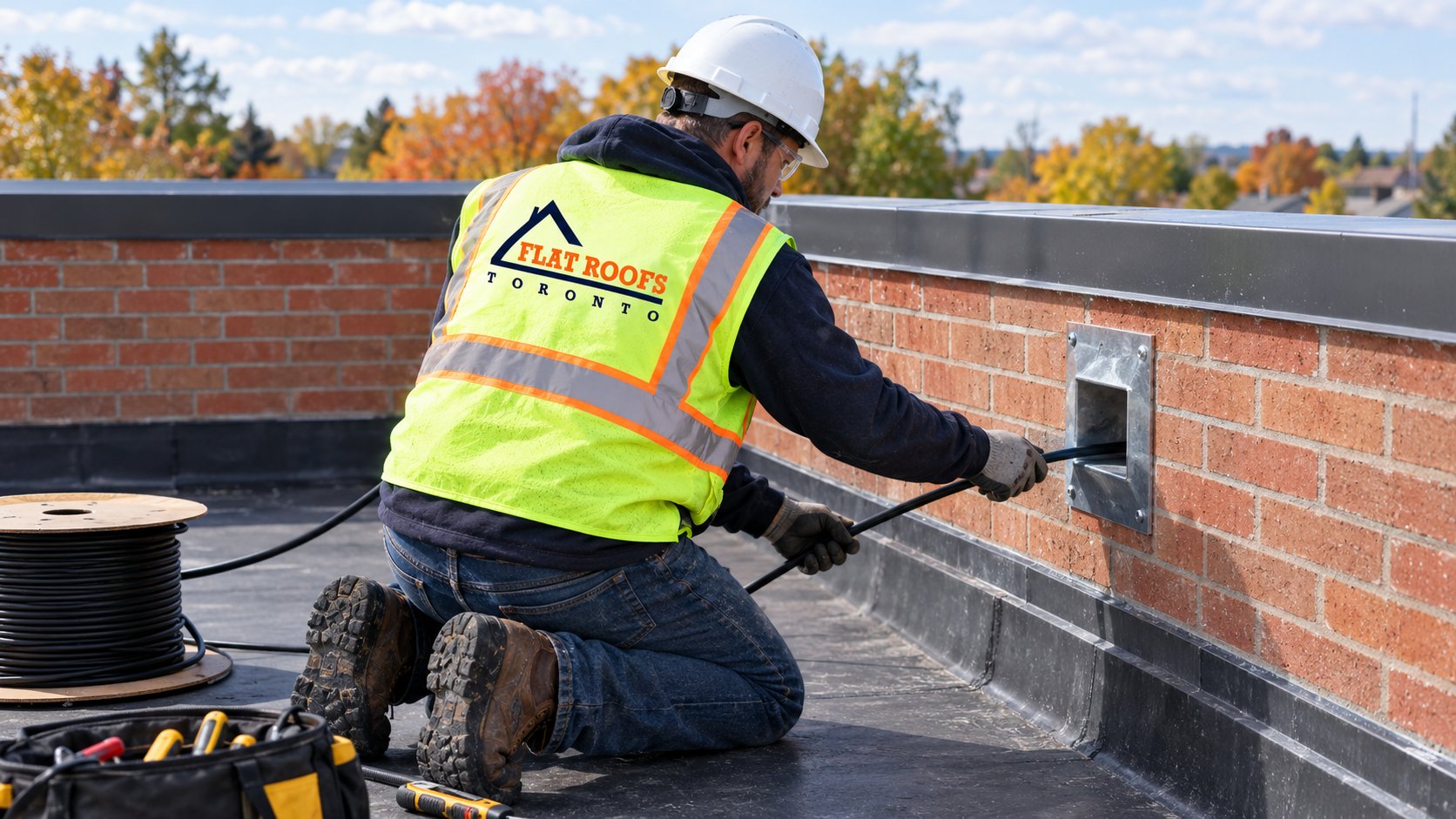 Roofer fitting a roof drain heat trace cable into a scupper and downspout on a flat roof before winter