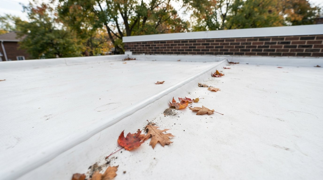Close-up of a heat-welded seam on a white membrane completed during a late-season flat roof installation