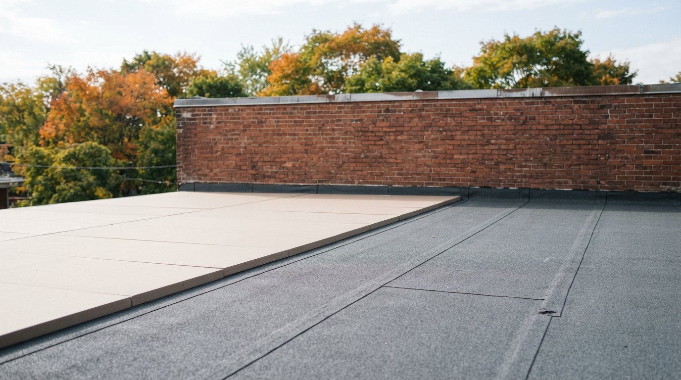 Partly completed late-season flat roof installation with new membrane and insulation boards on a brick house