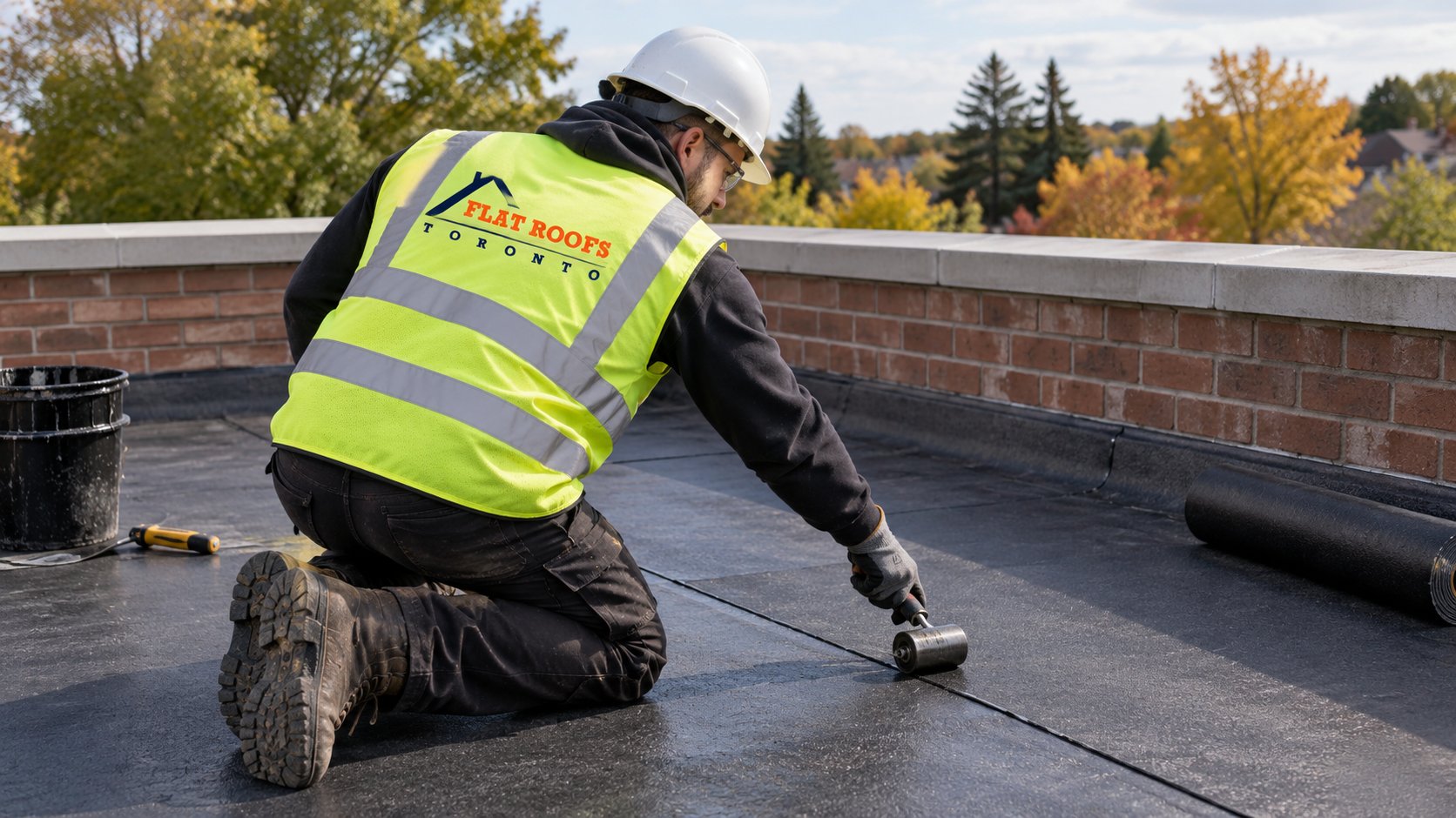 Roofer pressing down a lap on a self-adhered membrane during a late-season flat roof installation in autumn