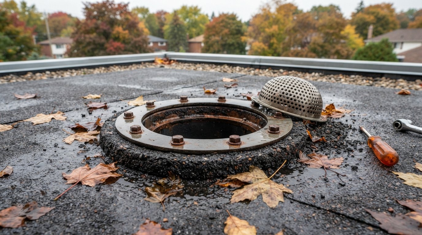 Close-up of a clamping ring and bolts beneath a removed roof drain strainer on a modified bitumen roof