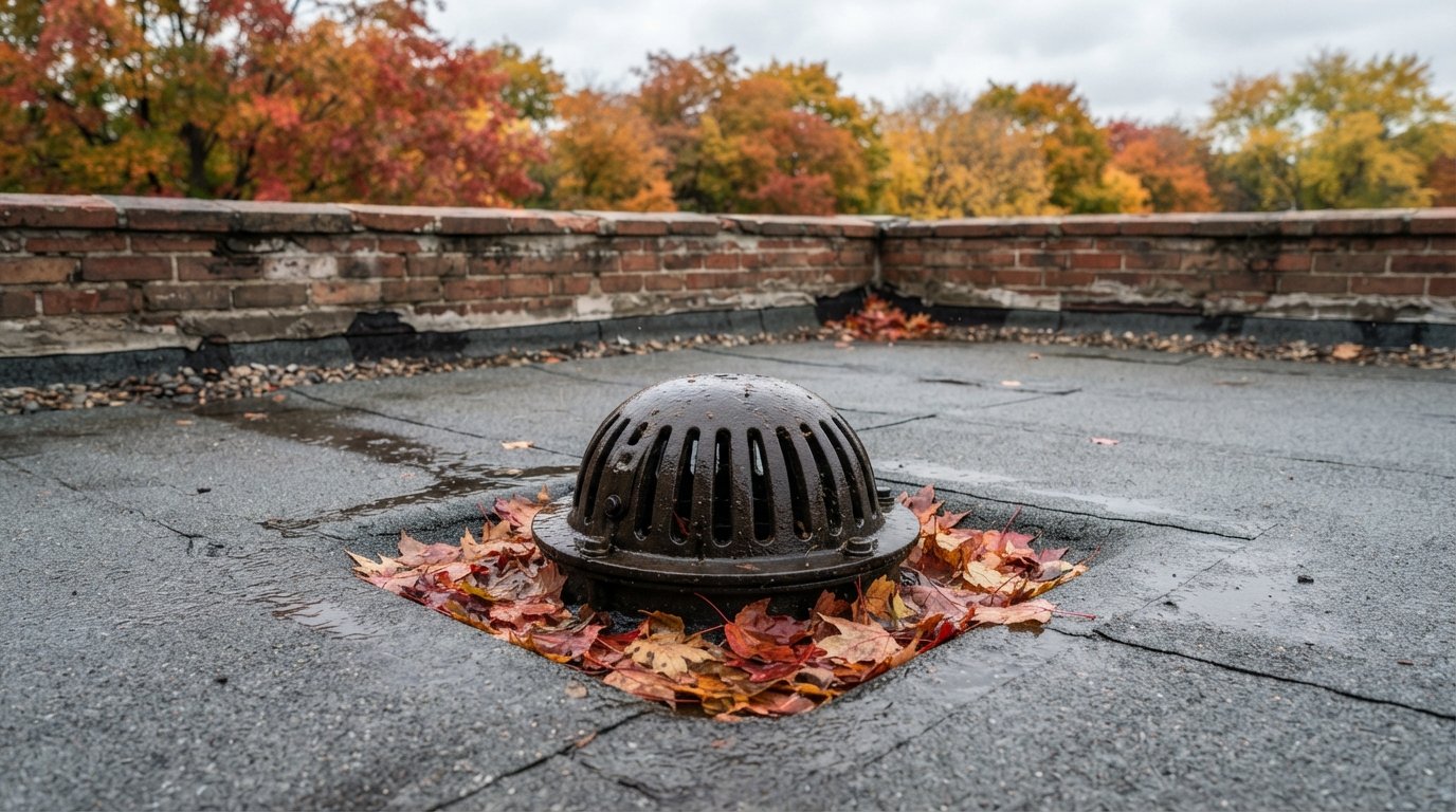 Cast iron roof drain strainer on a grey flat roof membrane with autumn maple leaves gathered around its base