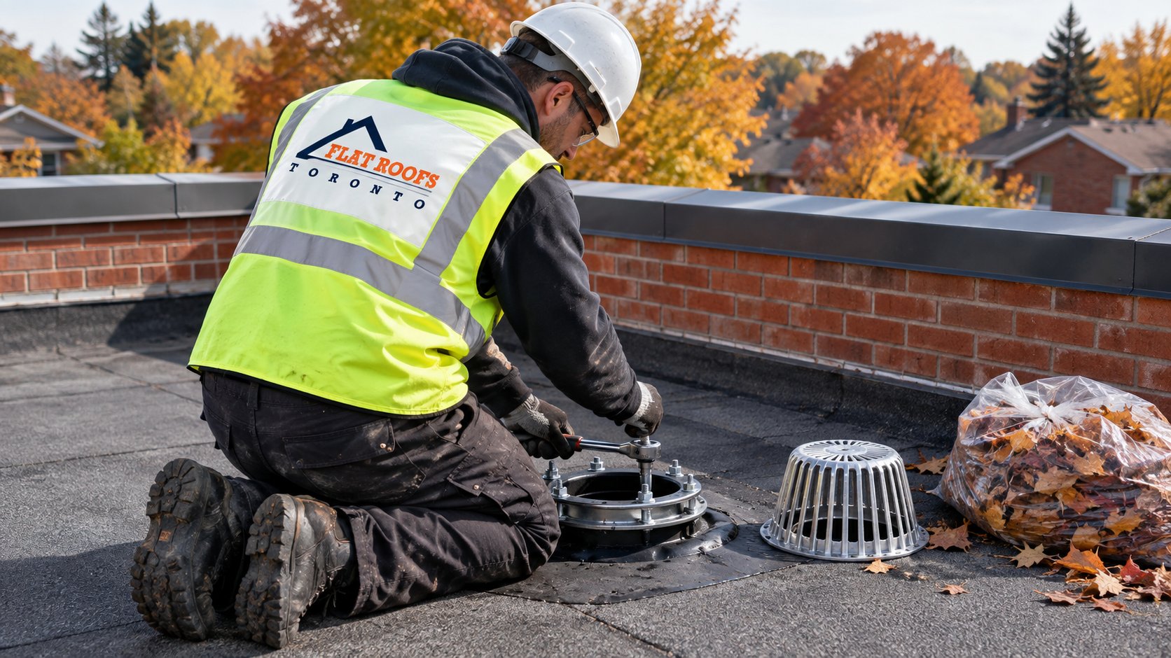 Roofer kneeling on a flat roof refitting a roof drain strainer onto a clamping ring after clearing leaves