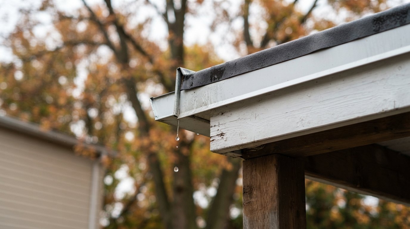 Close-up of a porch roof drip edge projecting past a white painted fascia and beam