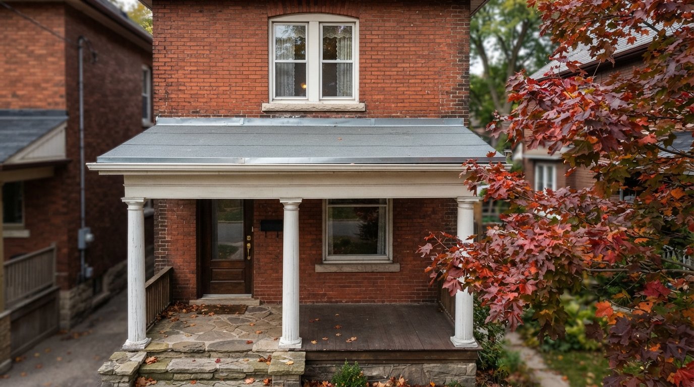 Low-slope porch roof with dark membrane and white fascia on a brick Toronto house front in autumn
