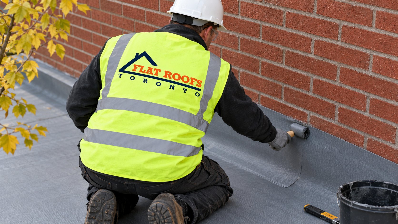 Roofer installing membrane on a porch roof and turning it up the brick wall of a house