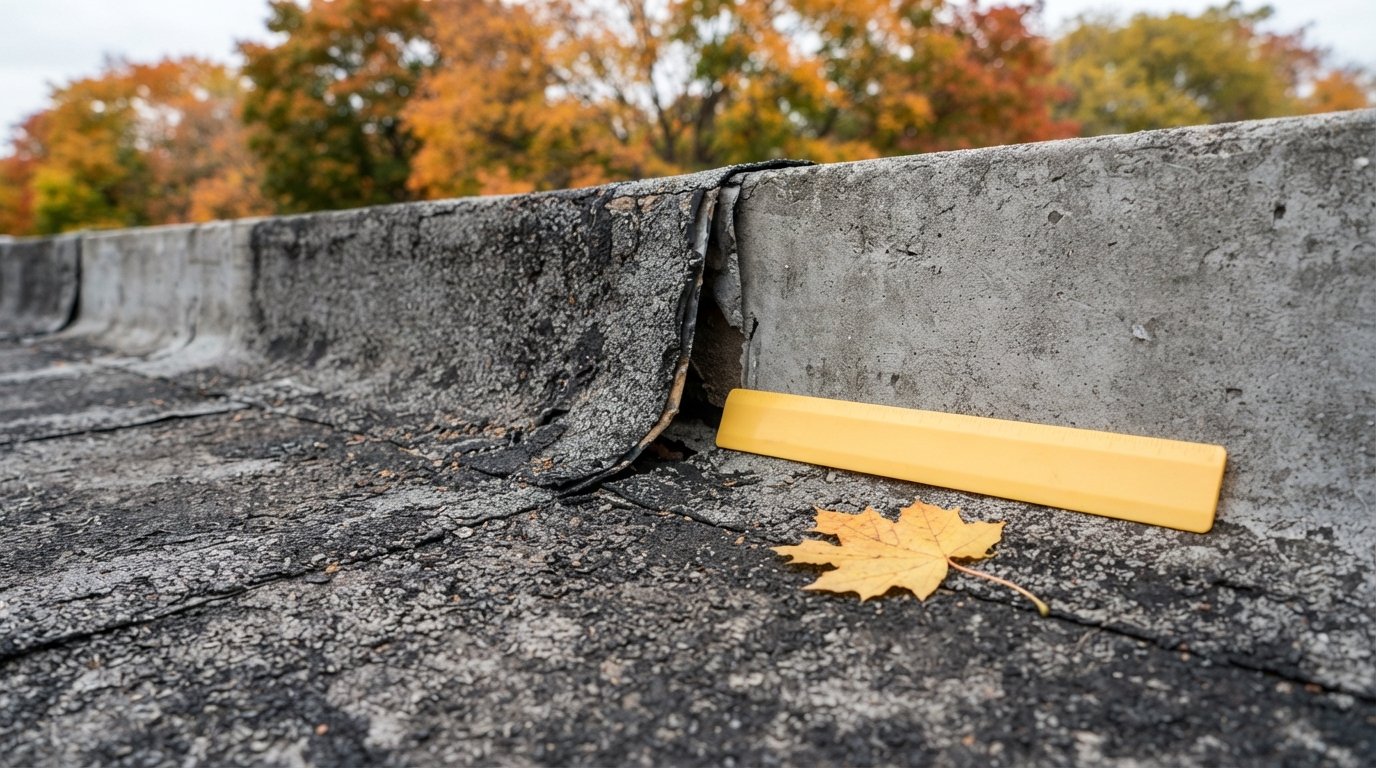 Close-up of an open lap and worn flashing found during a roof condition assessment on a commercial roof
