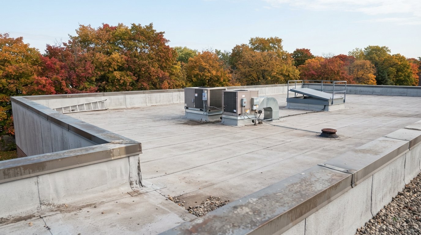 Commercial flat roof with rooftop units, a hatch and parapets ready for a roof condition assessment in autumn