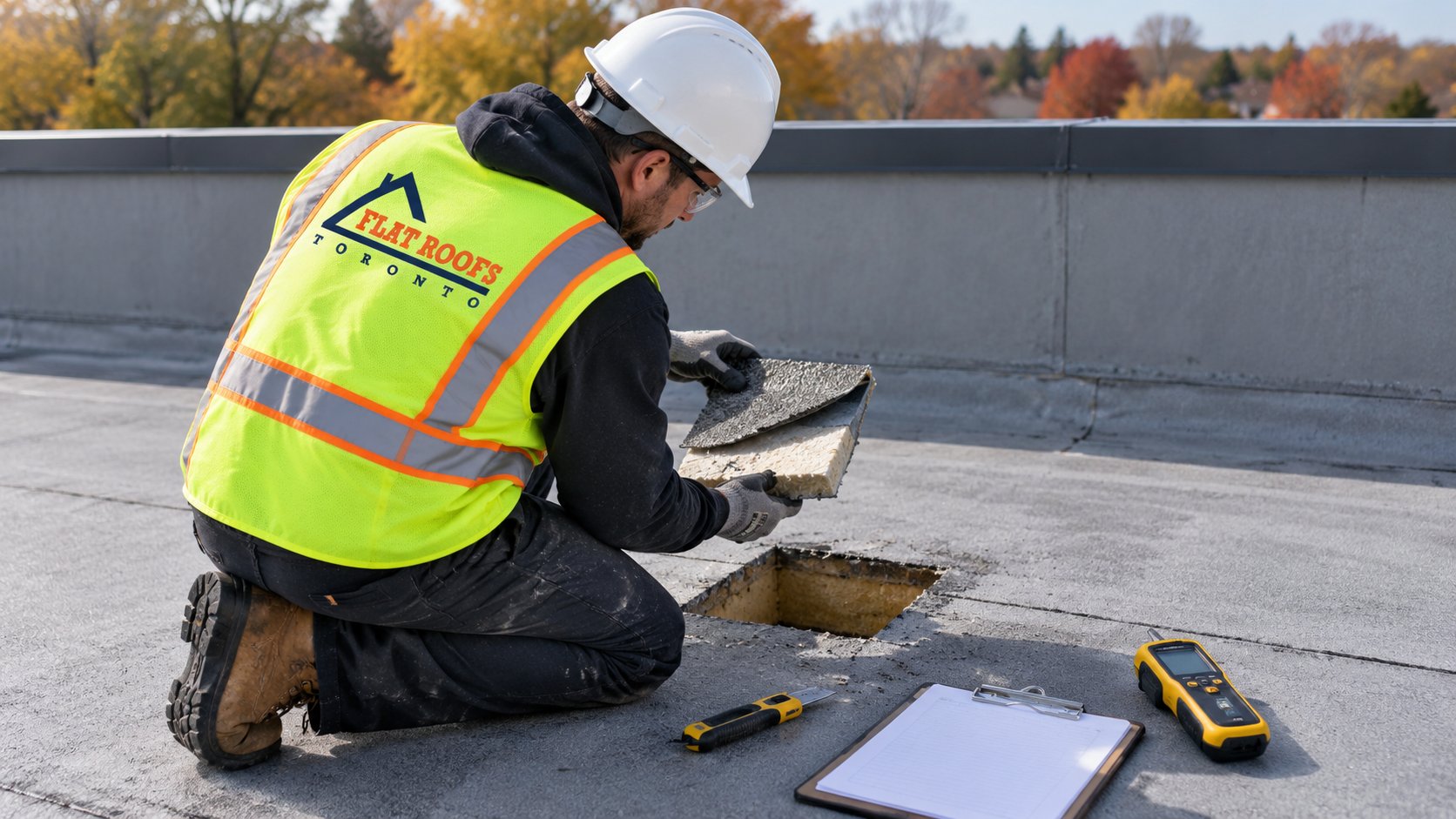 Roofer taking a core sample on a commercial flat roof during a roof condition assessment