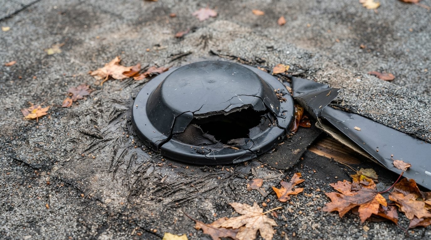 Close-up of a chewed plastic roof vent and torn flashing from raccoon roof damage on a flat roof