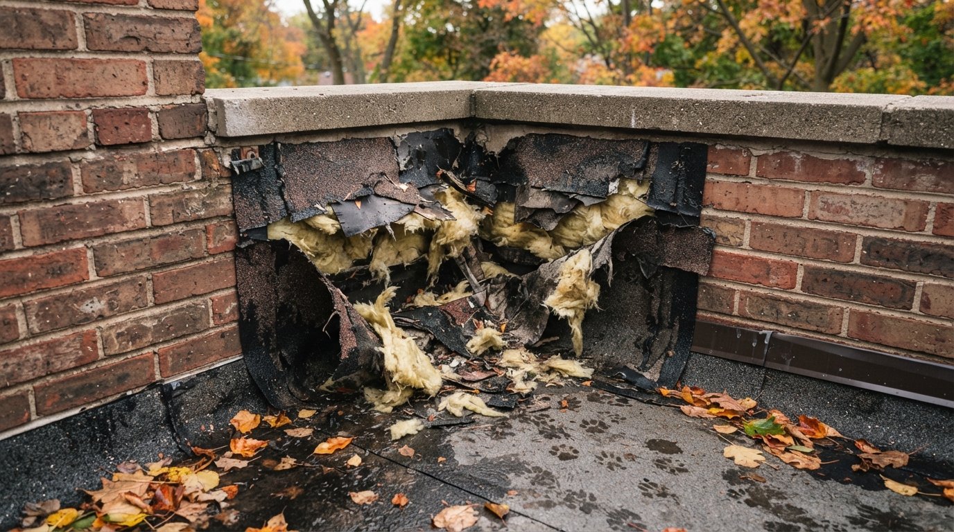 Torn flat roof membrane at a parapet corner showing raccoon roof damage with muddy paw prints in autumn