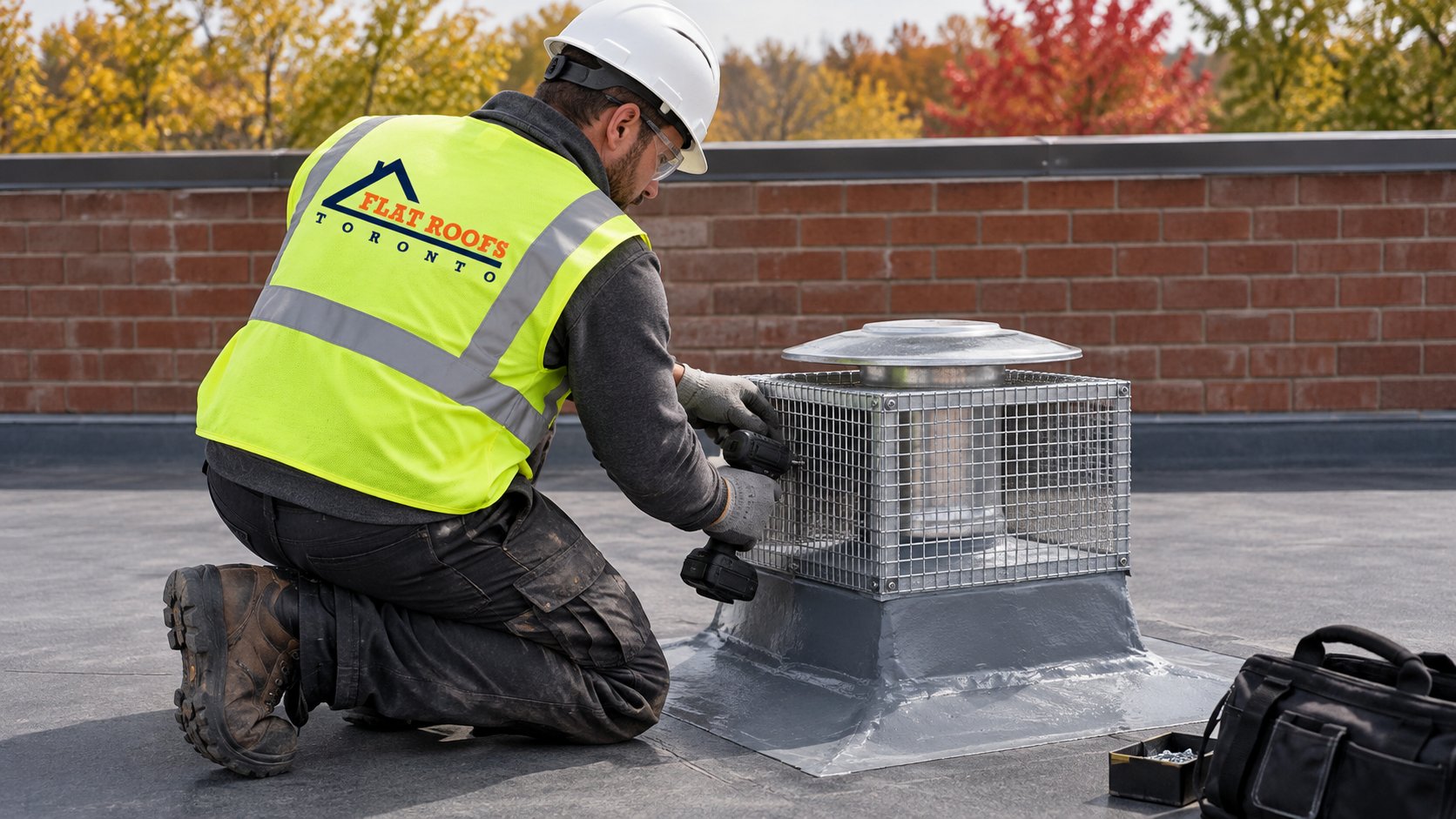Roofer fastening a heavy steel mesh guard over a roof vent to prevent raccoon roof damage