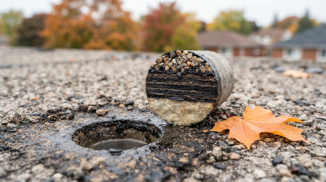 Close-up of layered felts and dark mastic in an old built-up roof core used for asbestos roofing testing
