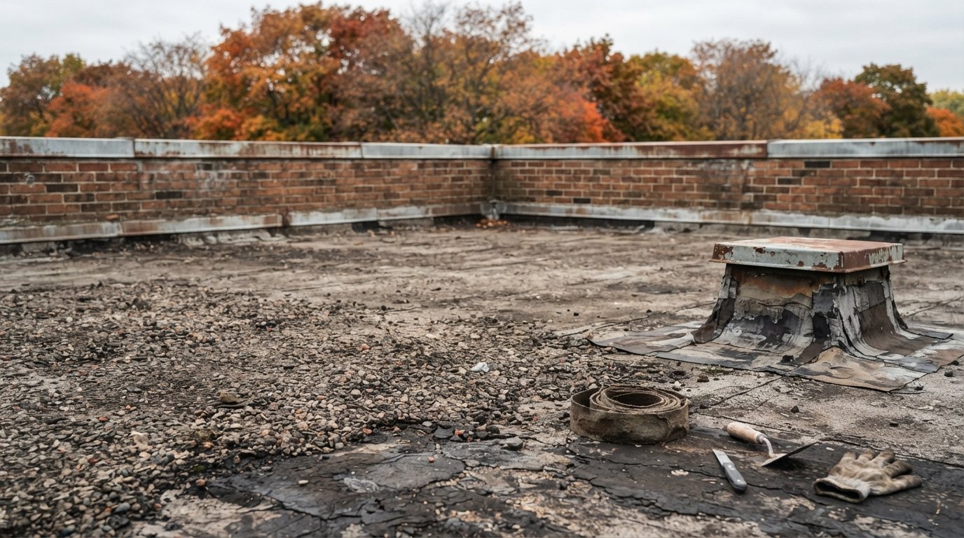 Older built-up gravel flat roof on a low-rise building that may contain asbestos roofing layers