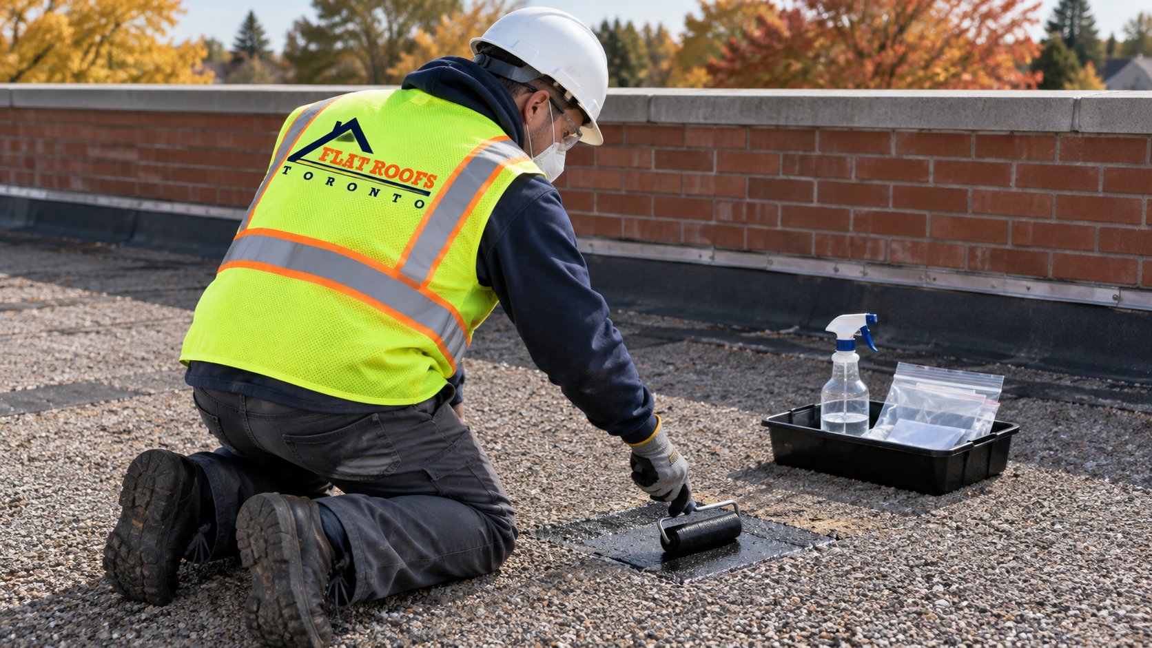 Roofer patching a small core sample location on an older built-up roof after asbestos roofing testing
