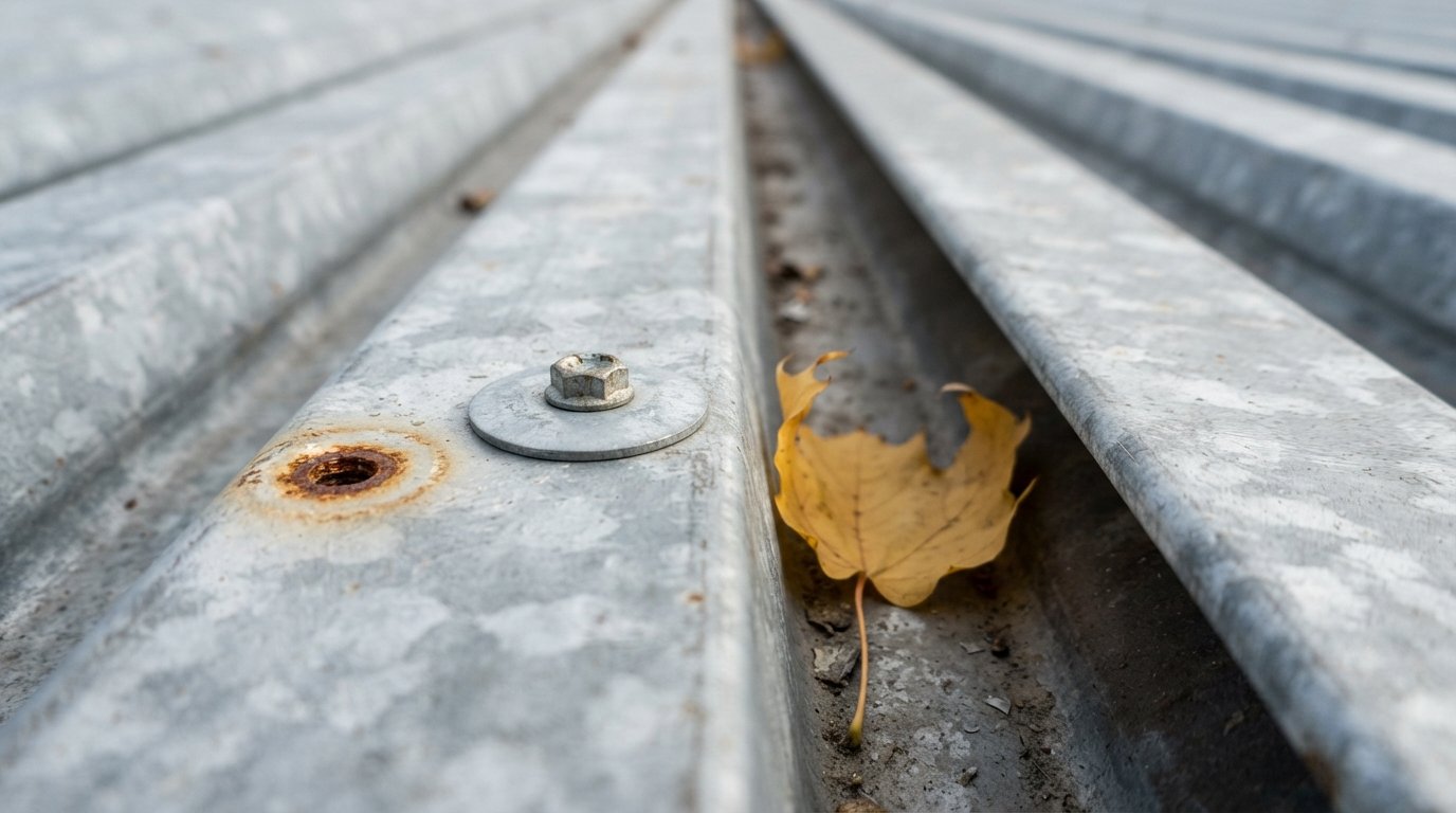 Close-up of fluted galvanised steel roof deck ribs with a fastener plate and light surface rust