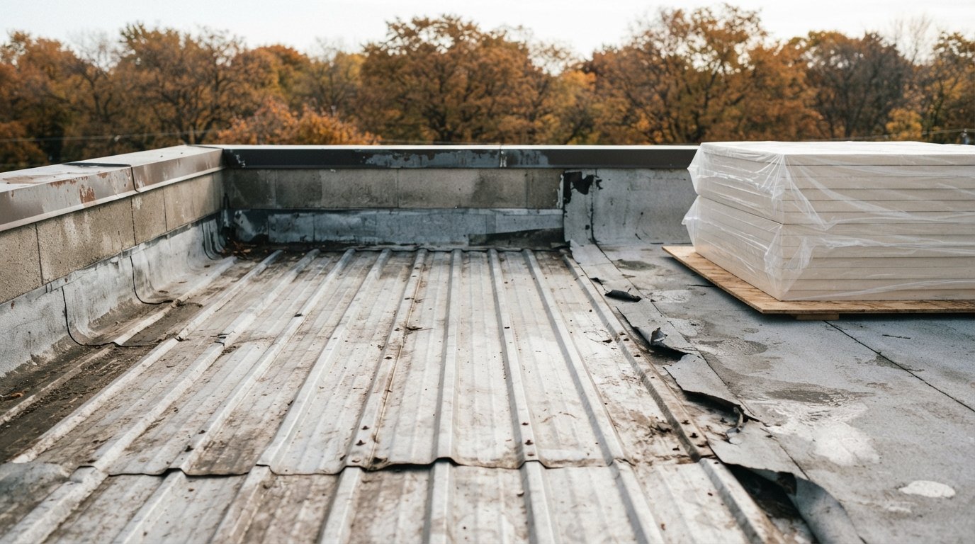 Exposed fluted steel roof deck on a commercial building during a flat roof replacement in autumn
