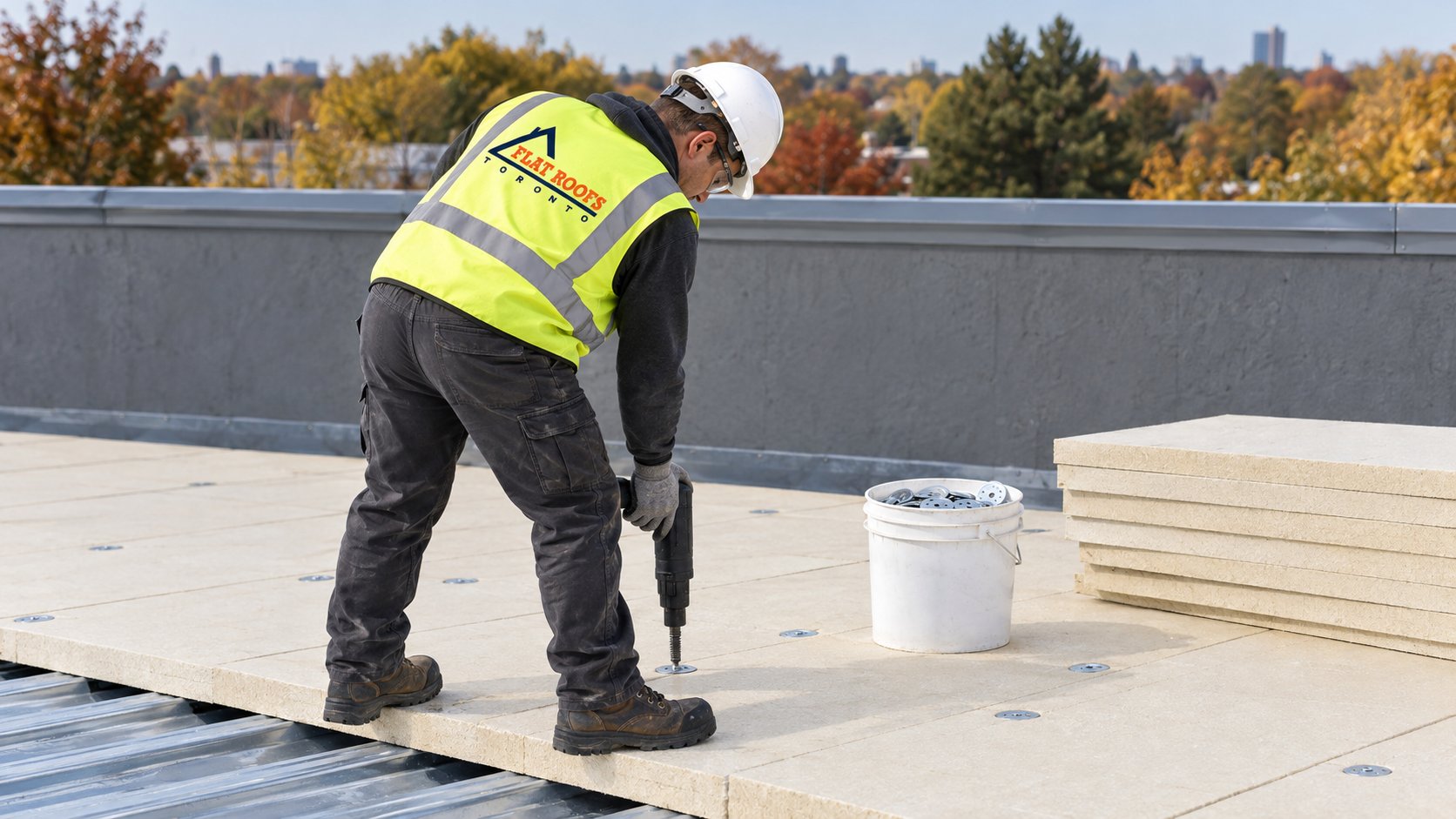 Roofer fastening insulation boards to a steel roof deck with plates and screws on a commercial roof