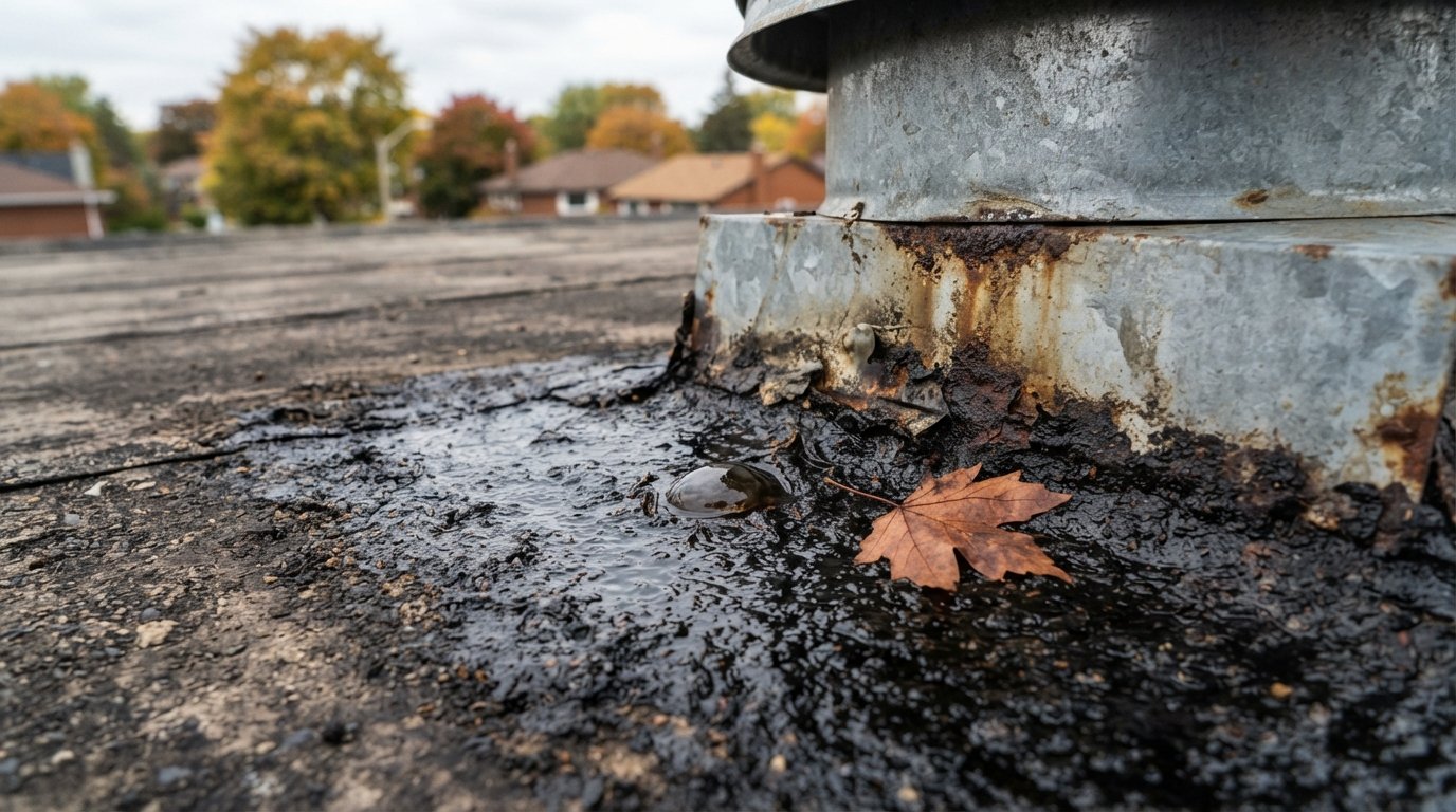 Close-up of softened bitumen membrane and restaurant roof grease residue at the base of an exhaust fan curb