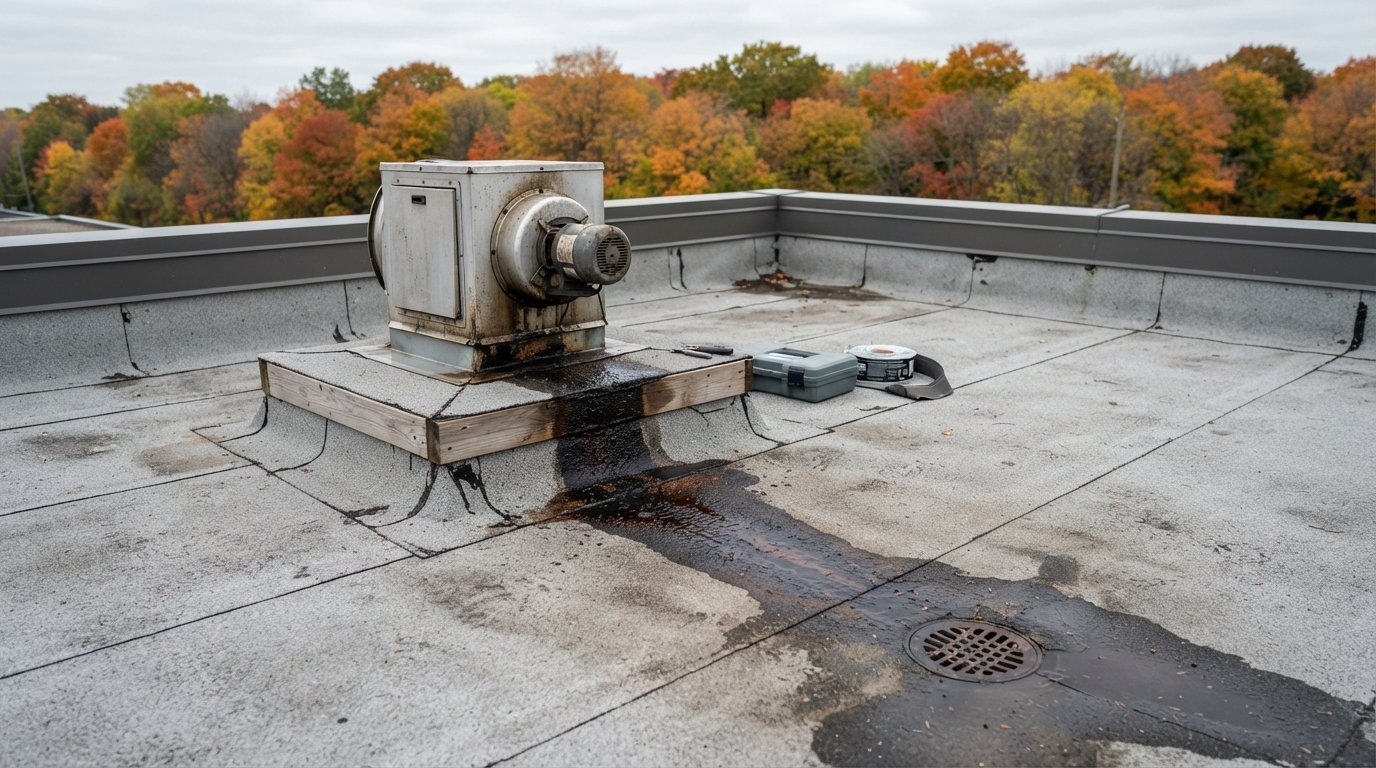 Kitchen exhaust fan on a plaza roof with restaurant roof grease staining the membrane around the curb