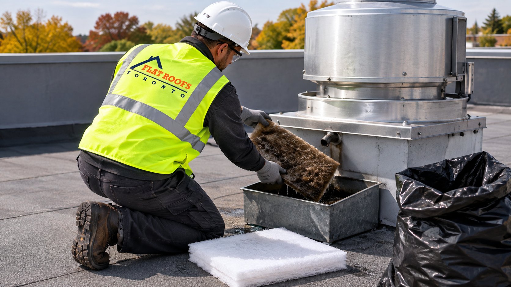 Roofer replacing filter media in a grease containment box under a kitchen exhaust fan to control restaurant roof grease