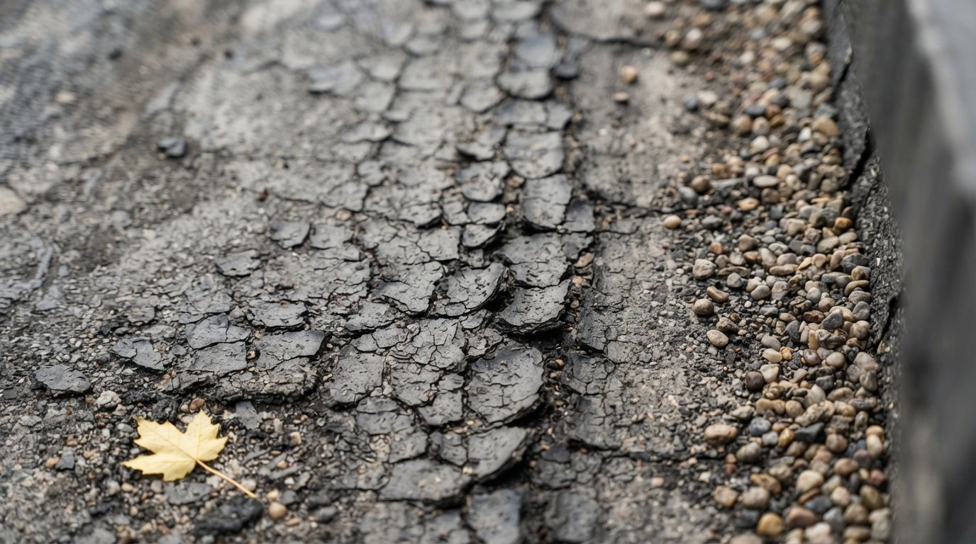 Macro detail of roof alligatoring cracks in an oxidized asphalt flood coat with loose gravel at the edges
