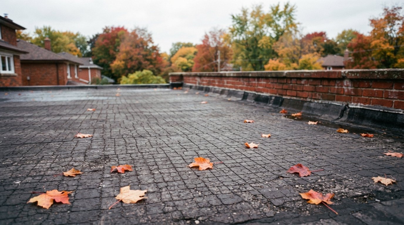 Close view of roof alligatoring on an aged asphalt flat roof with a cracked pattern and autumn leaves nearby