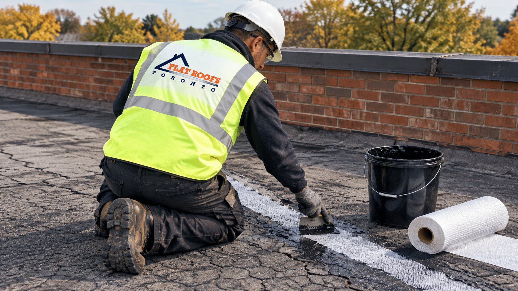 Roofer sealing roof alligatoring cracks with mastic and reinforcing fabric on an older flat roof in autumn