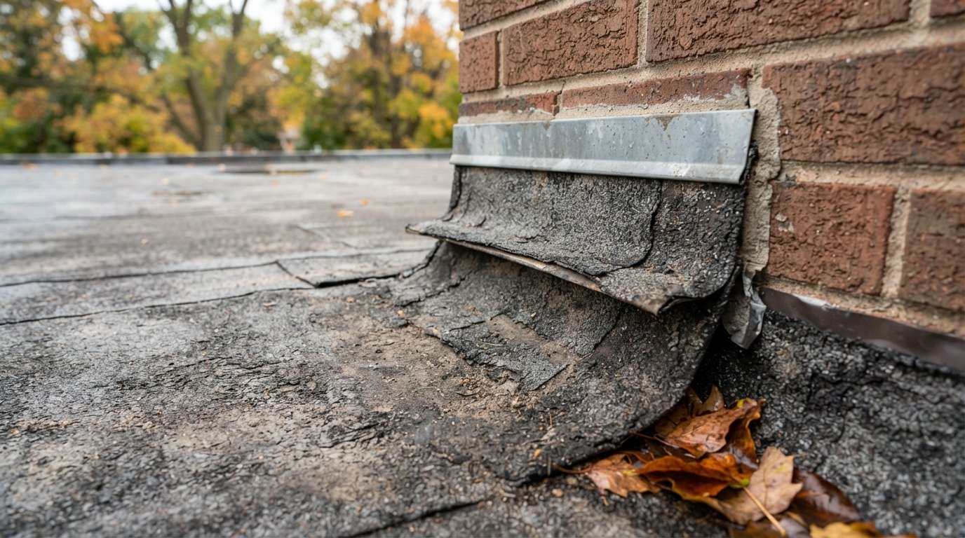 Close-up of an aged seam and wall flashing to check when buying a house with a flat roof