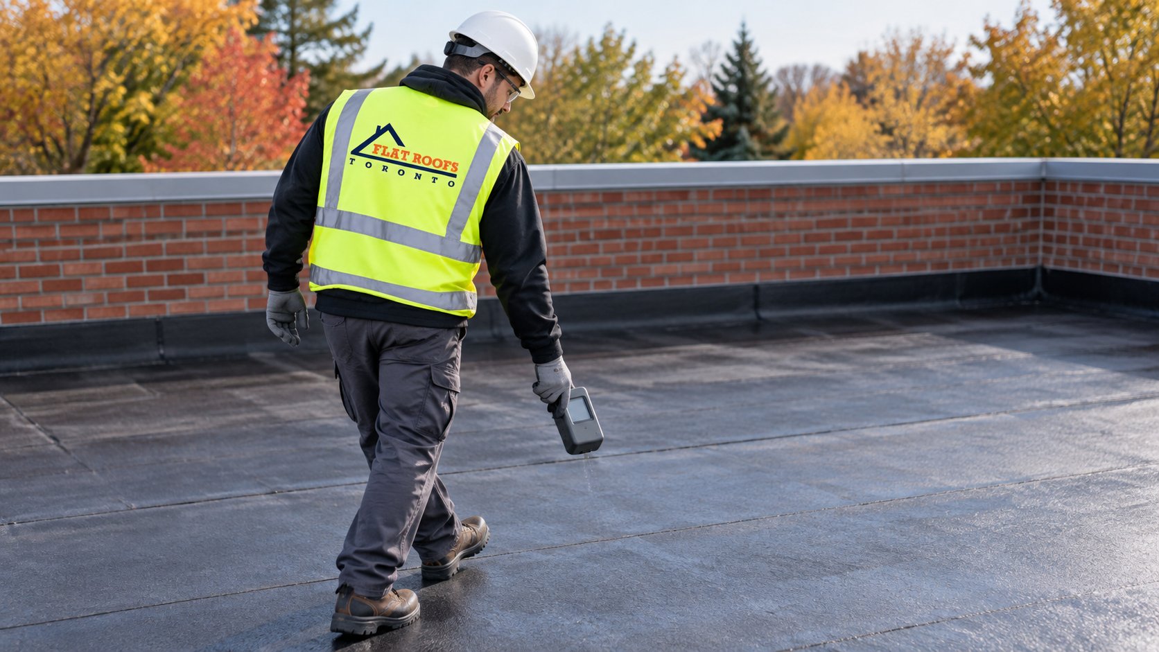 Roofer scanning a membrane for trapped moisture during an inspection for a client buying a house with a flat roof