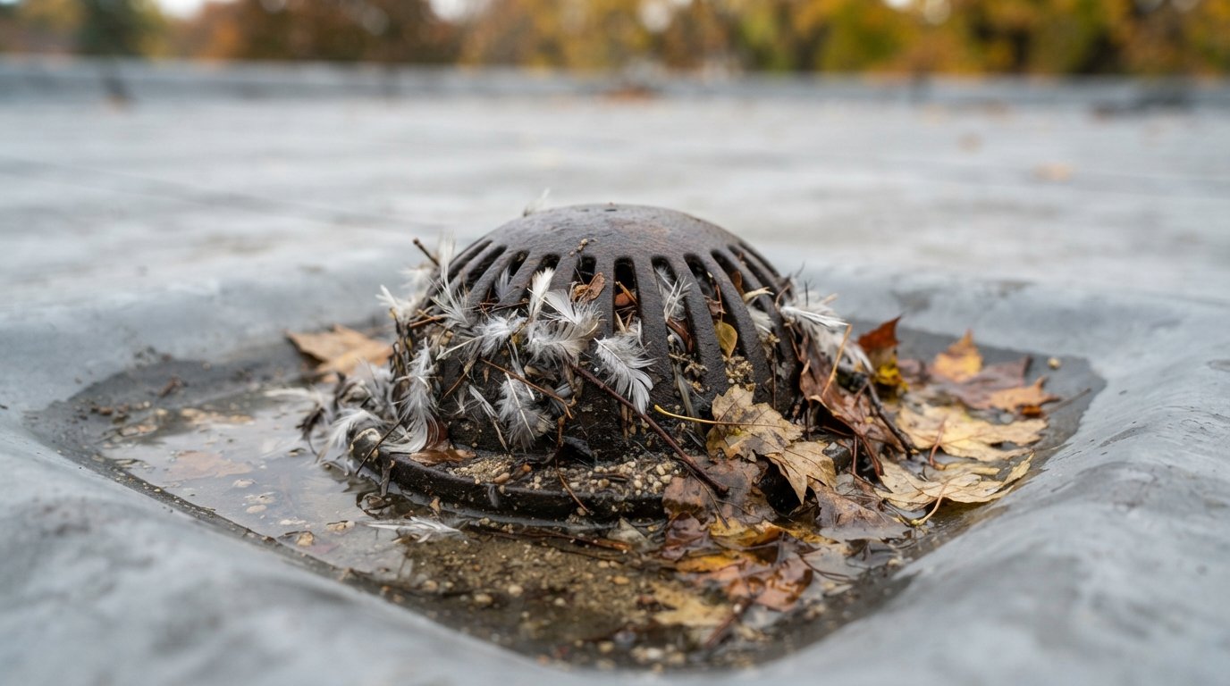 Close-up of a roof drain strainer packed with feathers and twigs, typical debris from seagulls on roofs