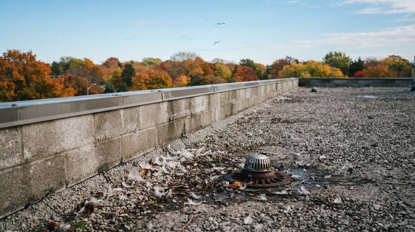 Gravel commercial flat roof in autumn after nesting season, showing where seagulls on roofs leave debris near drains