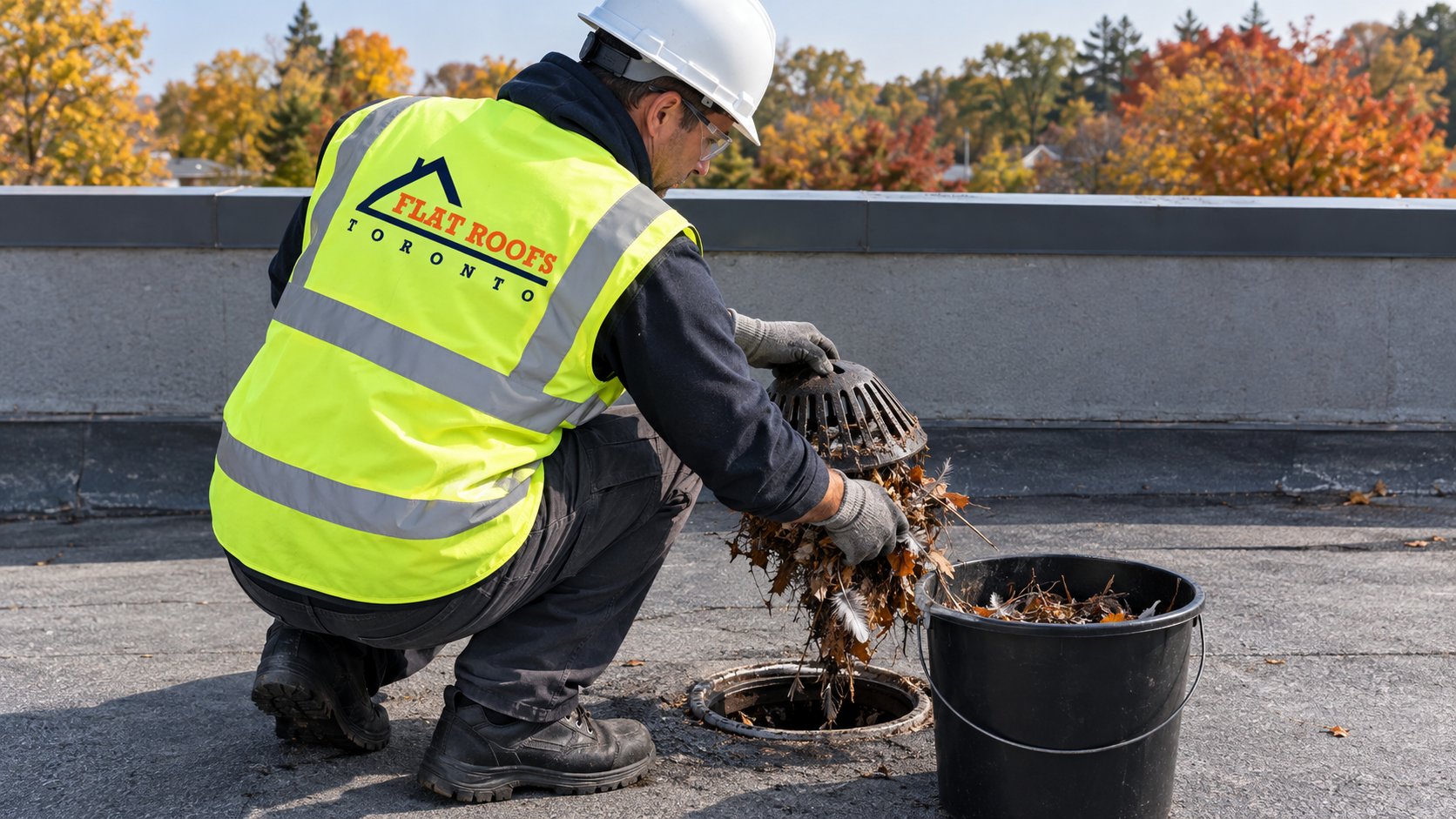 Roofer clearing feathers and nest debris from a roof drain after seagulls on roofs left for the season