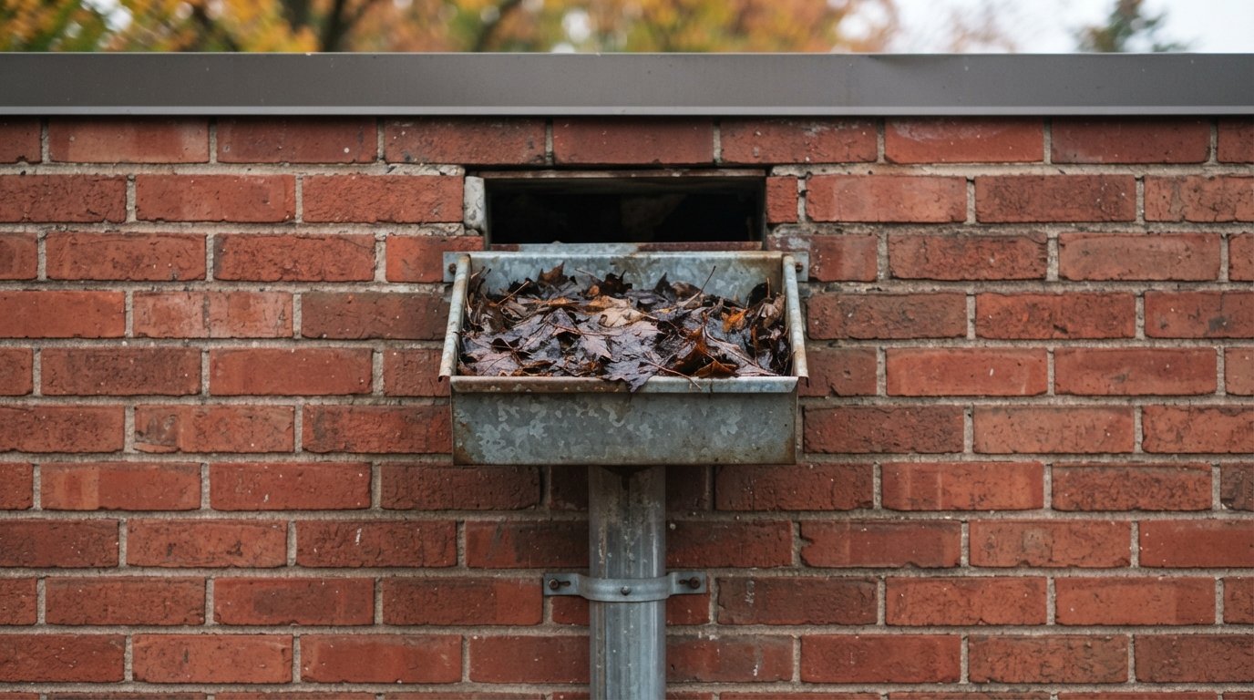 Close-up of a flat roof gutter outlet and collector box partly blocked by wet autumn leaves