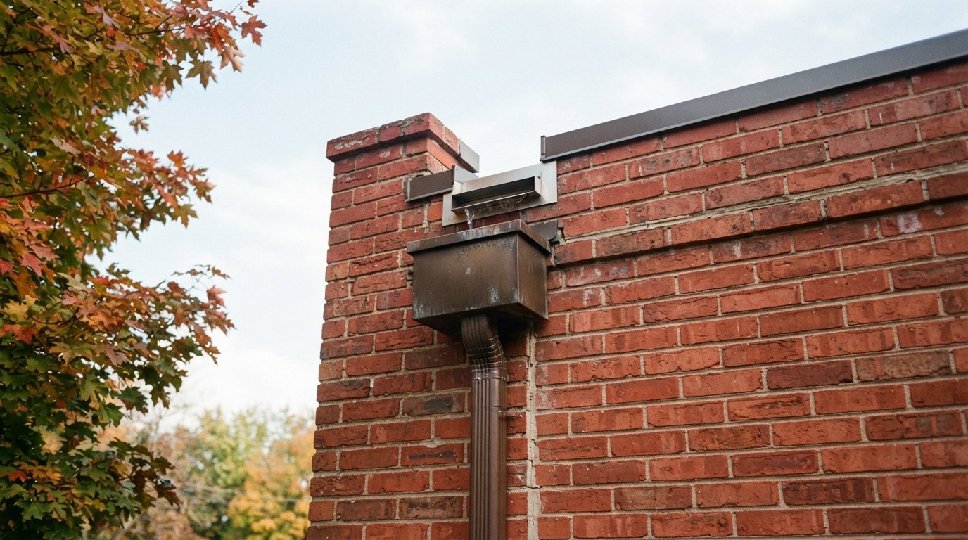 Flat roof gutter and through-wall scupper with collector box on a brick building in autumn