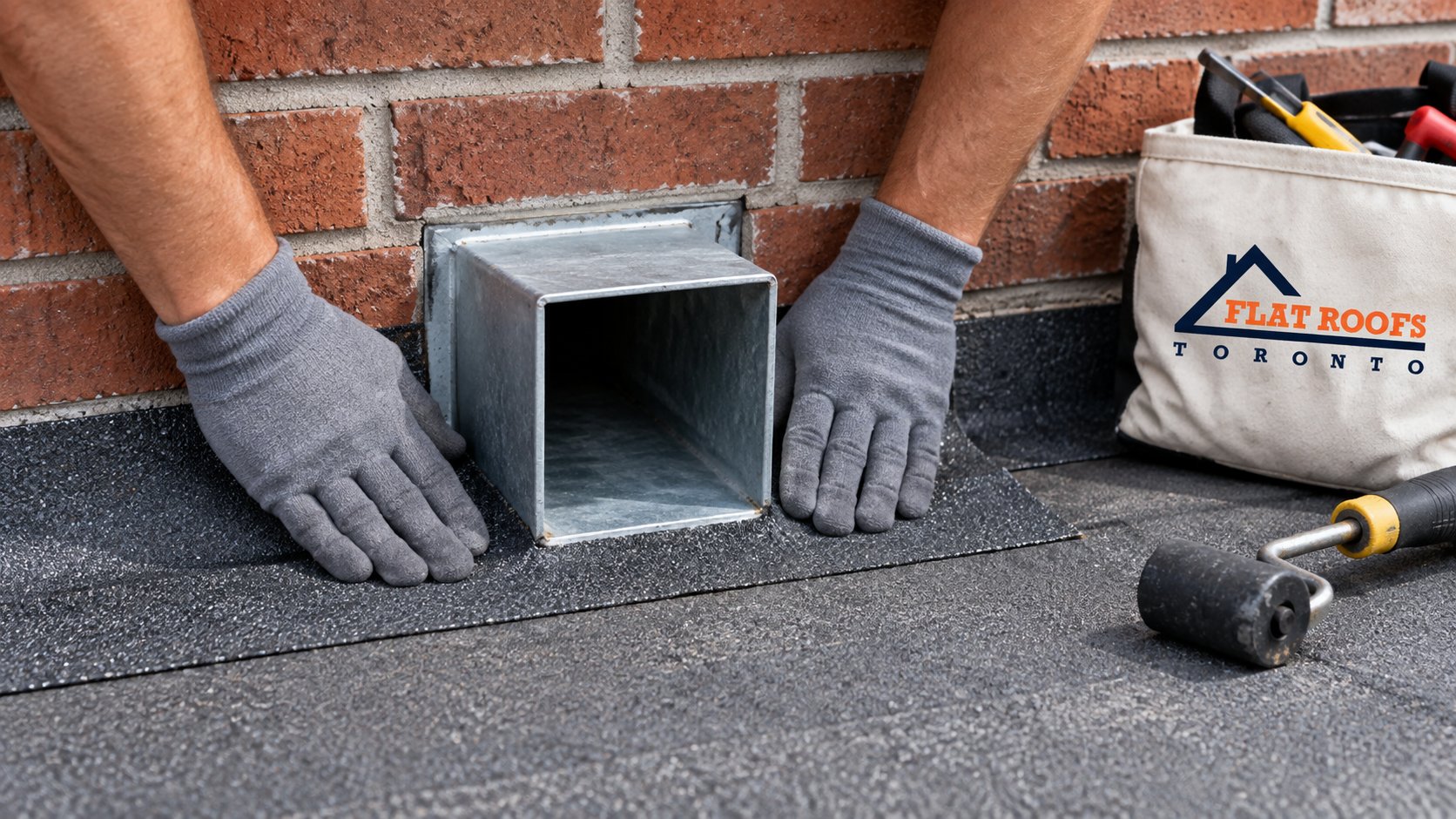 Roofer sealing a new metal scupper sleeve into the membrane where it meets the flat roof gutter outlet